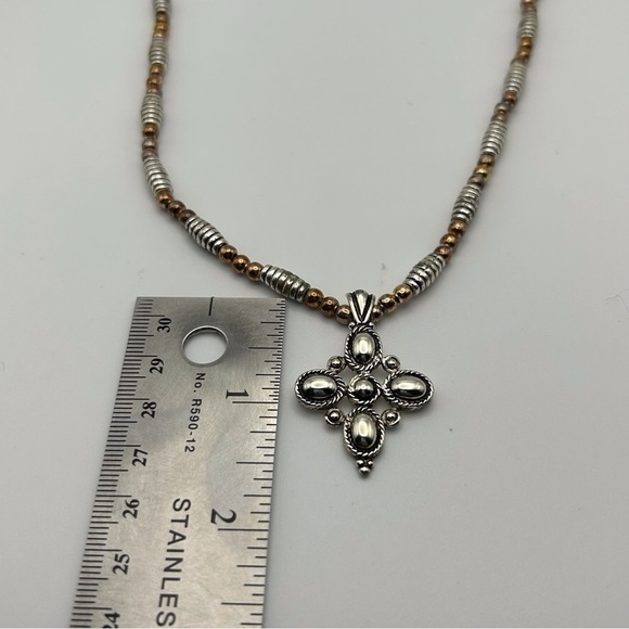 Vintage Napier Silver Tone Spiral Beaded with Bronze Beads Cross Flower Necklace - Picture 10 of 12